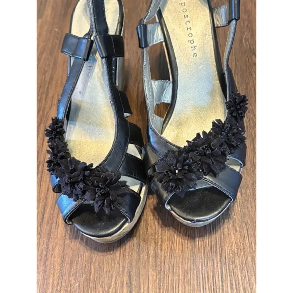 Aeropostale Women’s Size 6 Black Cork Wedge‎ Sandals Floral Strappy Peep Toe